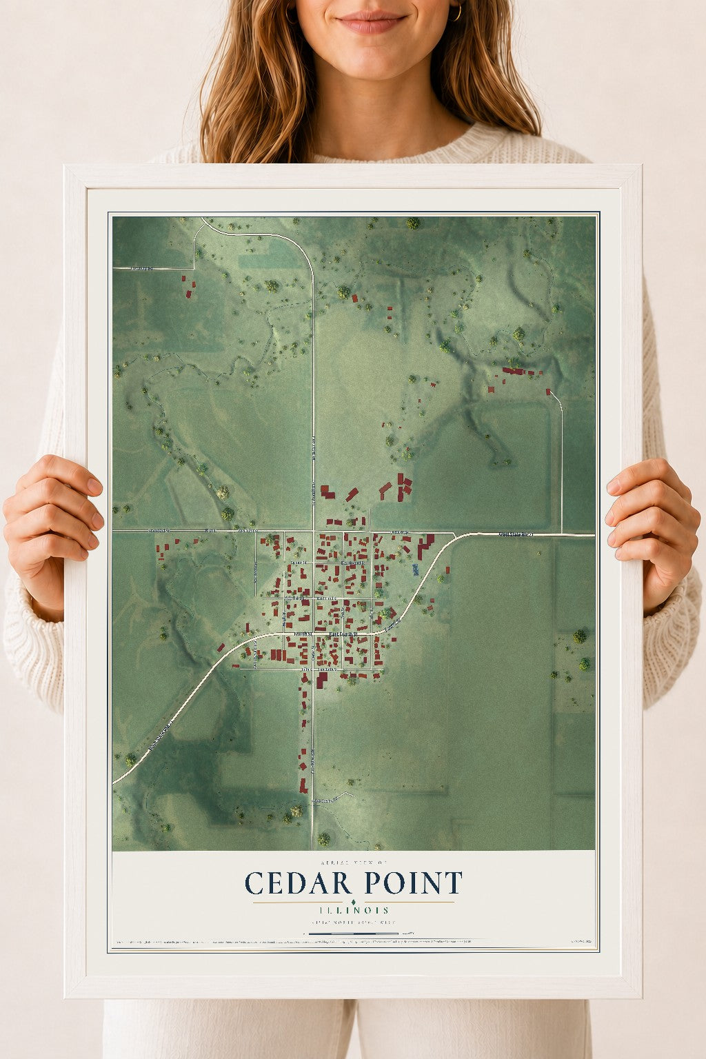 Map of Cedar Point, Illinois, 18 x 24 inch print in a white wood frame