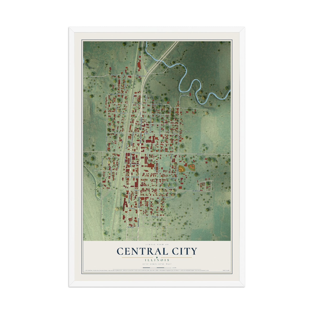 Map of Central City, Illinois, 12 x 18 inch print in a white wood frame