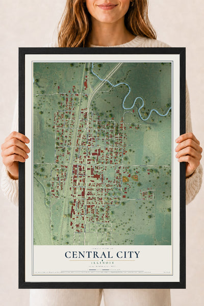 Map of Central City, Illinois, 18 x 24 inch print in a black wood frame