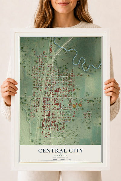 Map of Central City, Illinois, 18 x 24 inch print in a white wood frame