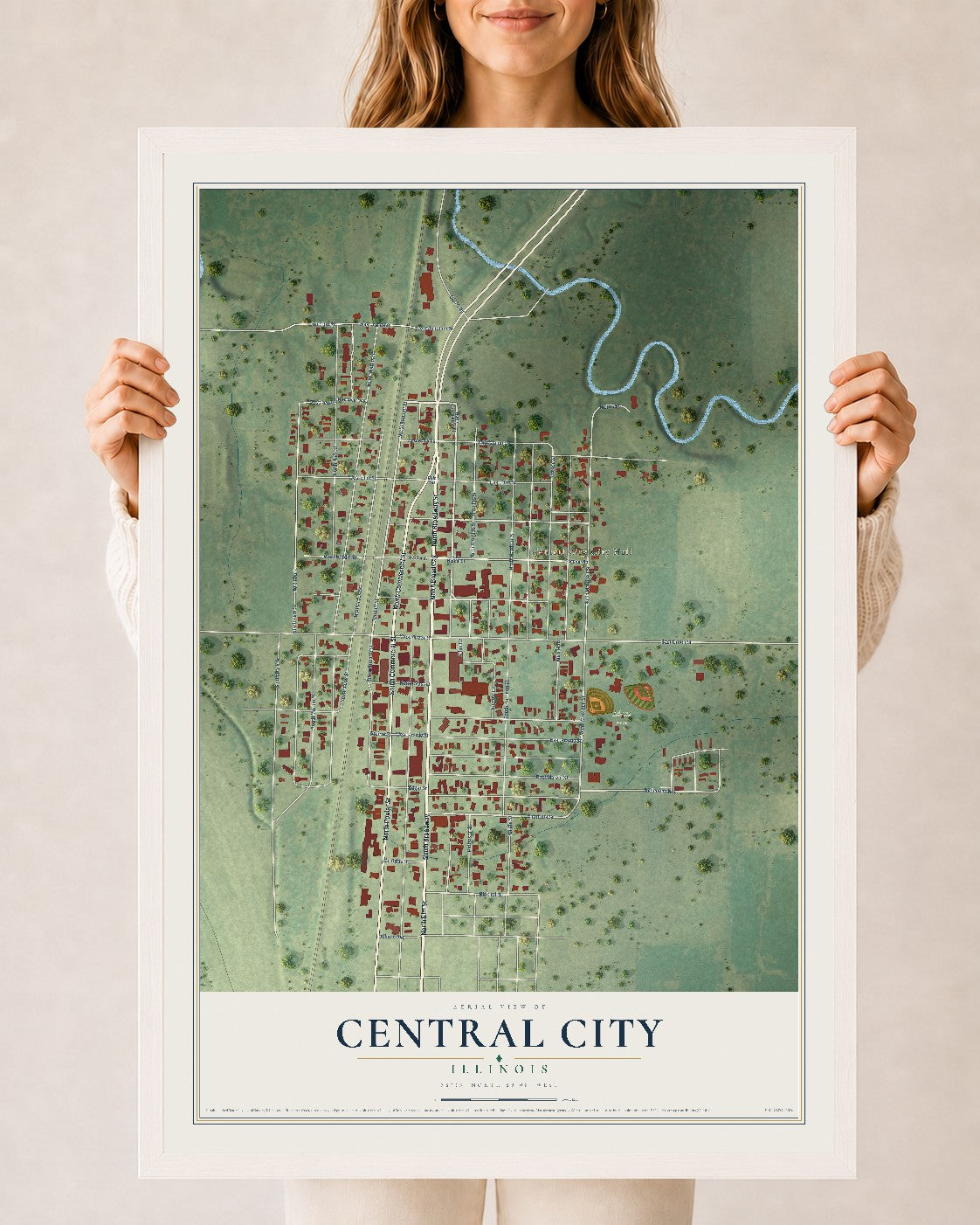 Map of Central City, Illinois, 24 x 36 inch print in a white wood frame