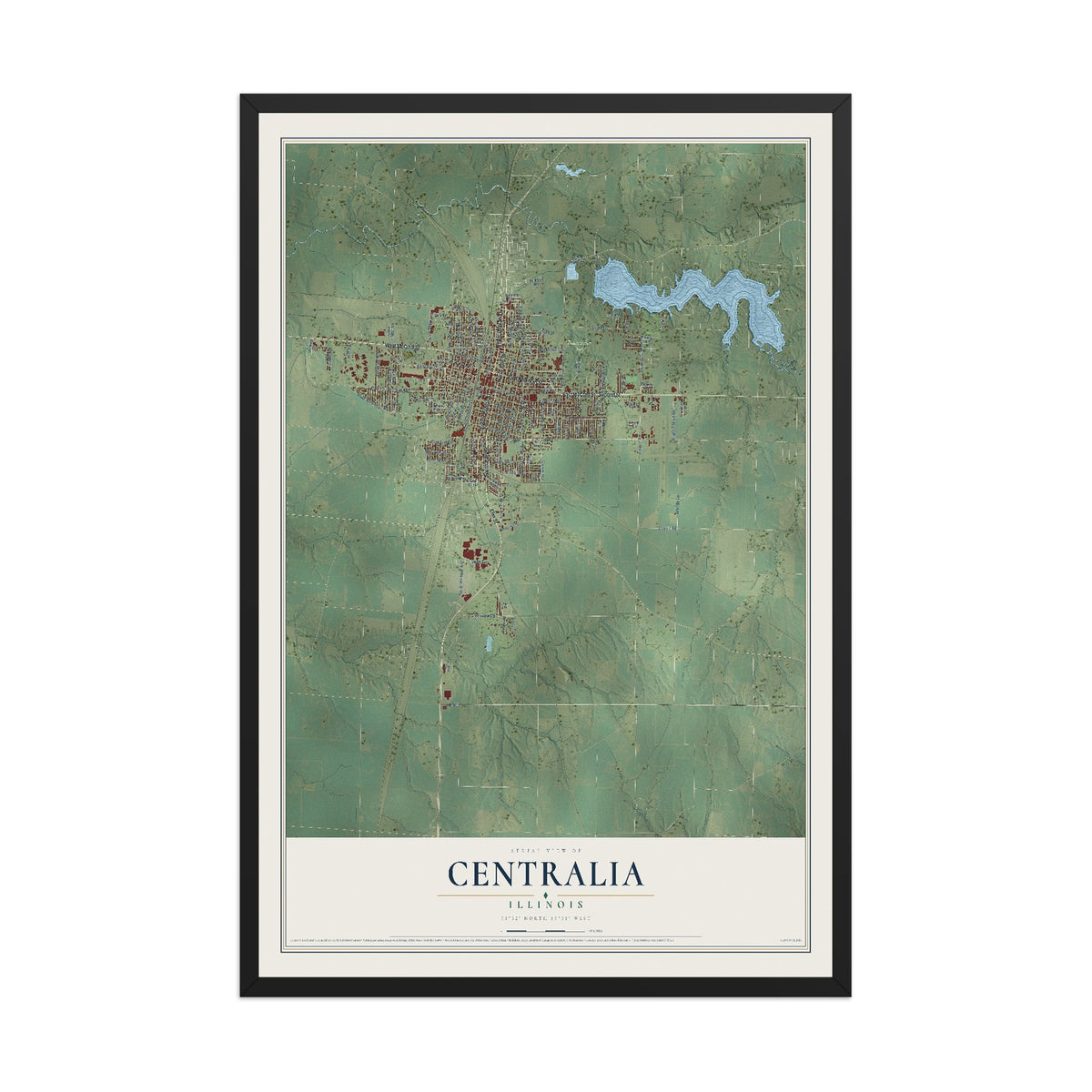 Map of Centralia, Illinois, 12 x 18 inch print in a black wood frame