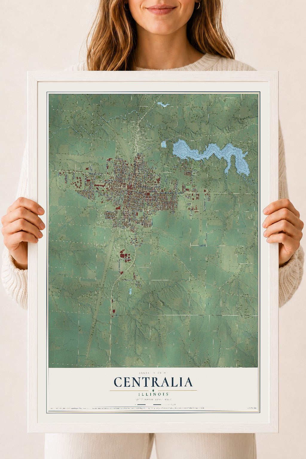 Map of Centralia, Illinois, 18 x 24 inch print in a white wood frame