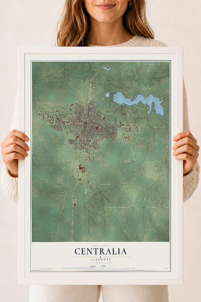 Map of Centralia, Illinois, 18 x 24 inch print in a white wood frame