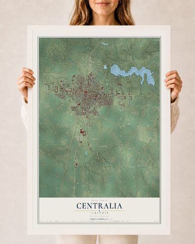 Map of Centralia, Illinois, 24 x 36 inch print in a white wood frame