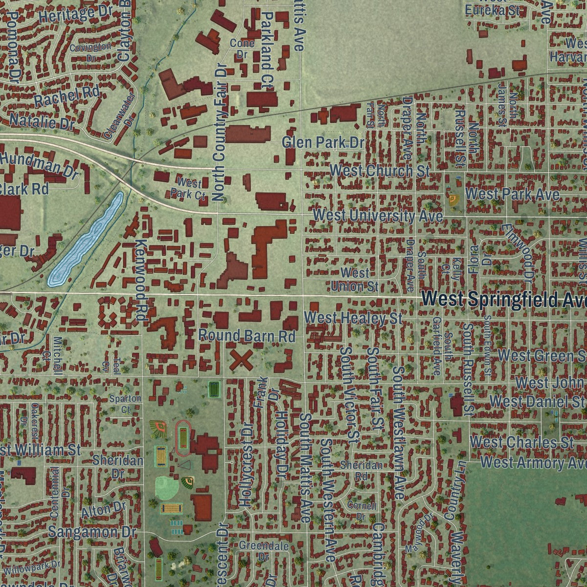 Close-up of the map of Champaign, Illinois print showing street and building detail