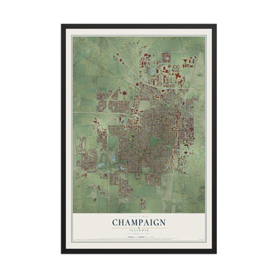 Map of Champaign, Illinois, 12 x 18 inch print in a black wood frame