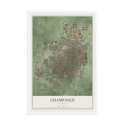 Map of Champaign, Illinois, 12 x 18 inch print in a white wood frame