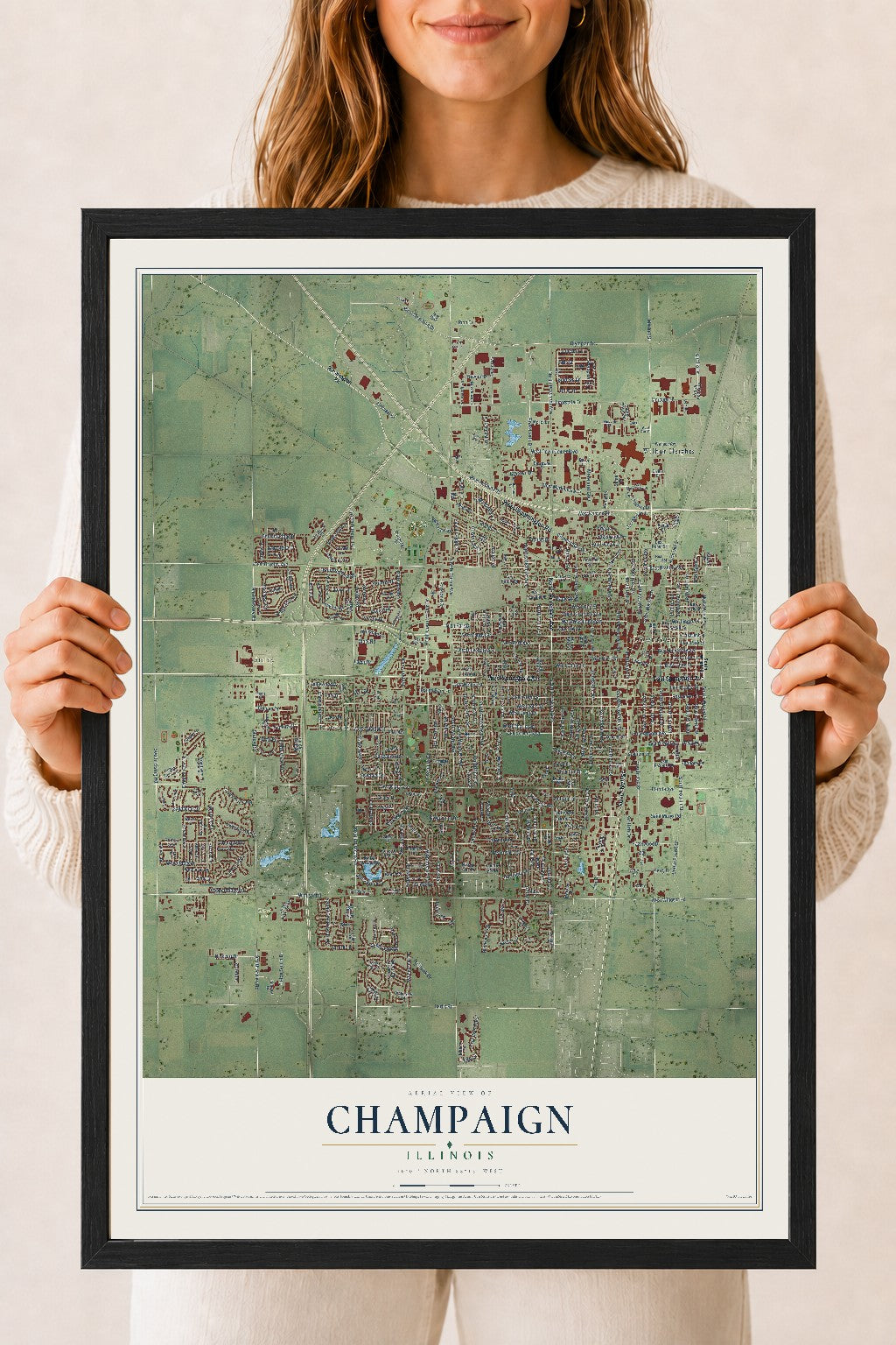 Map of Champaign, Illinois, 18 x 24 inch print in a black wood frame
