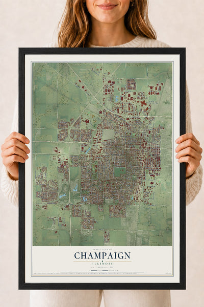 Map of Champaign, Illinois, 18 x 24 inch print in a black wood frame