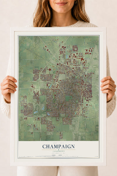 Map of Champaign, Illinois, 18 x 24 inch print in a white wood frame