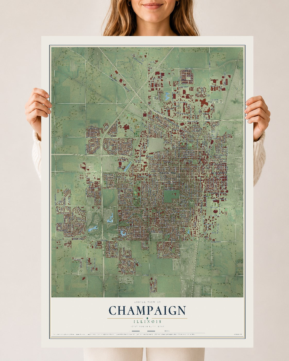 Map of Champaign, Illinois, 24 x 36 inch unframed archival matte print