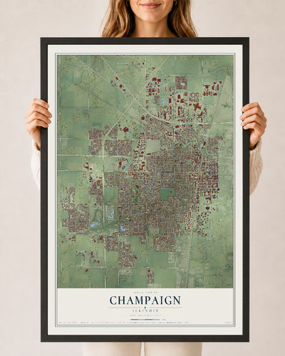 Map of Champaign, Illinois, 24 x 36 inch print in a black wood frame