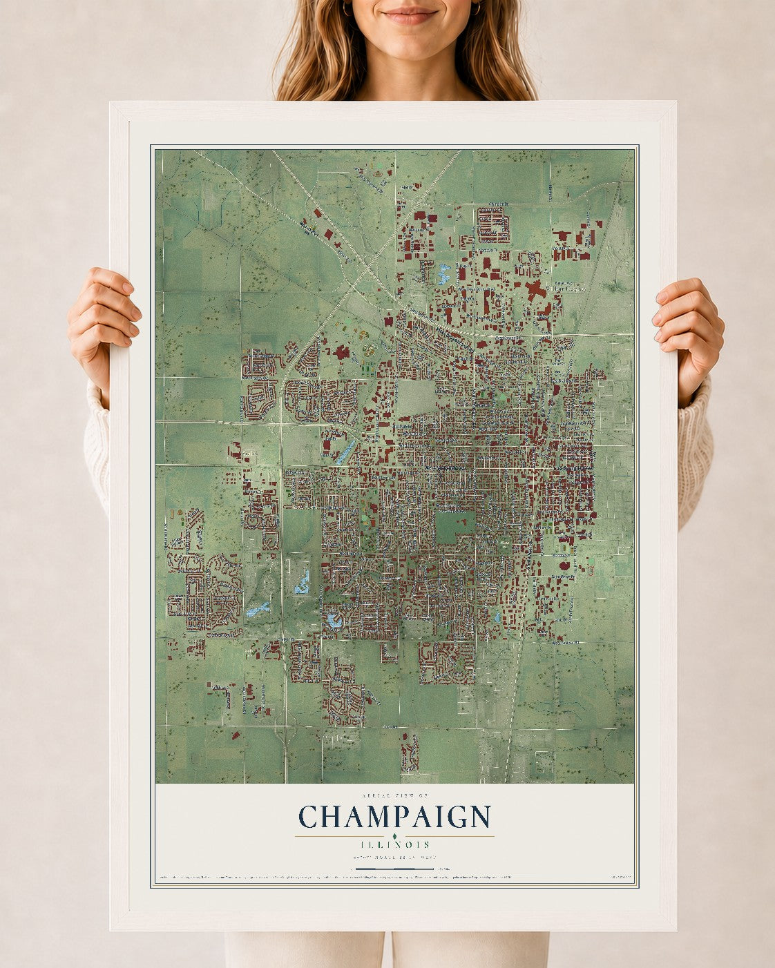 Map of Champaign, Illinois, 24 x 36 inch print in a white wood frame
