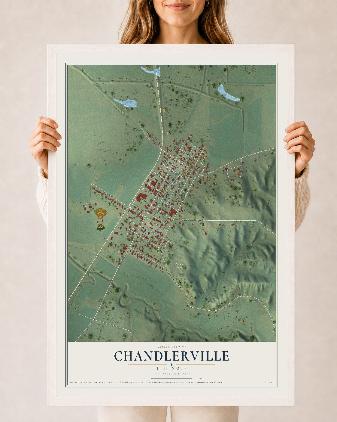 Map of Chandlerville, Illinois, 24 x 36 inch print in a white wood frame