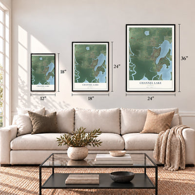 Channel Lake, Illinois map in 12 x 18, 18 x 24 and 24 x 36 inch sizes above a sofa