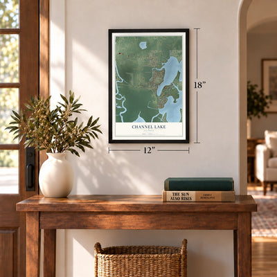 Channel Lake, Illinois map, 12 x 18 inch print in a black frame in an entryway