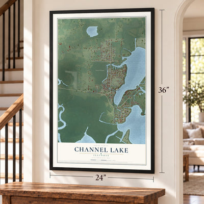 Channel Lake, Illinois map, 24 x 36 inch print in a black frame by a staircase