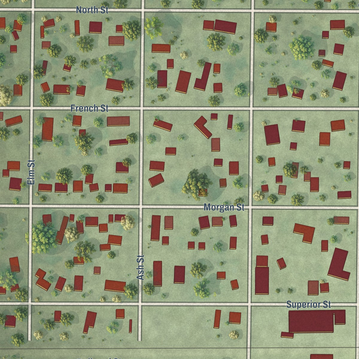 Close-up of the map of Chapin, Illinois print showing street and building detail