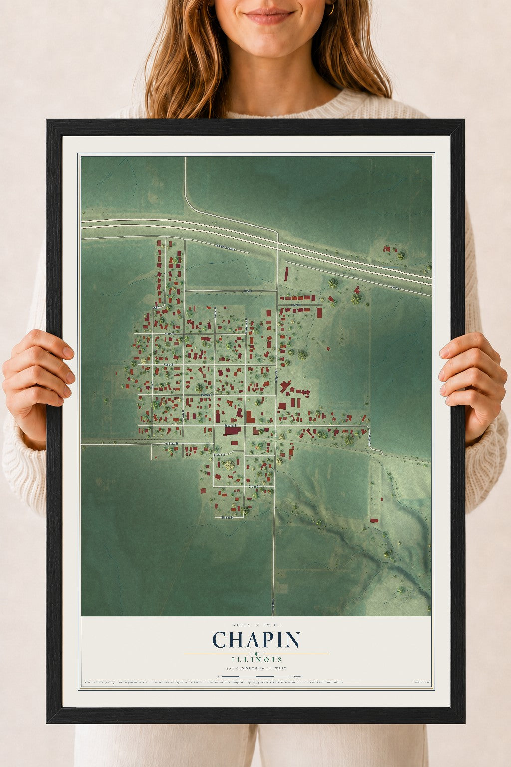 Map of Chapin, Illinois, 18 x 24 inch print in a black wood frame