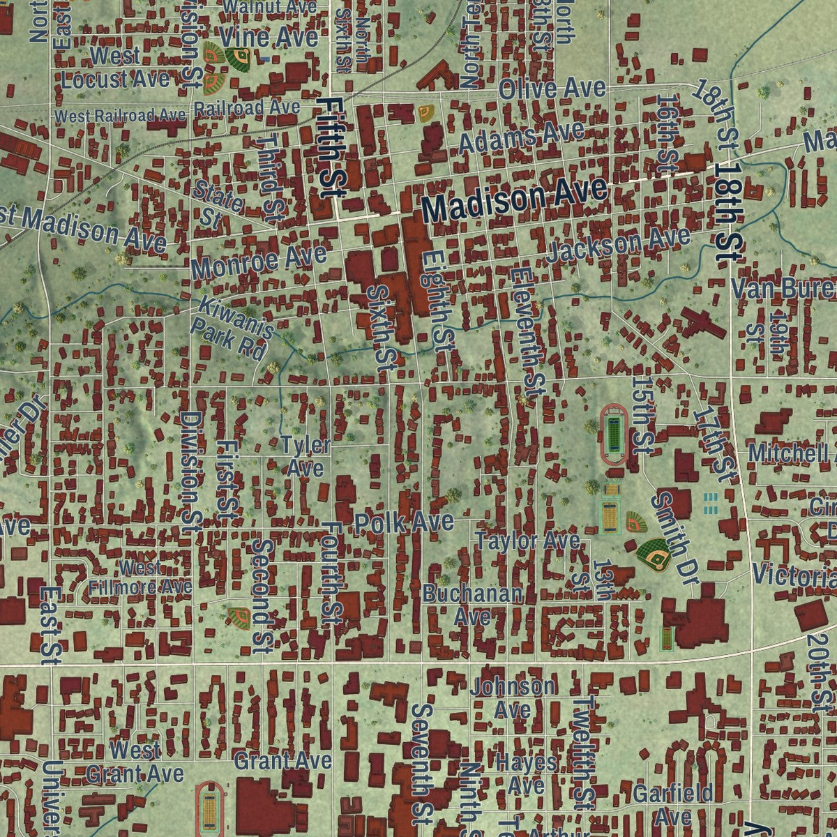 Close-up of the map of Charleston, Illinois print showing street and building detail