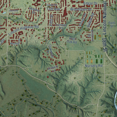 Second close-up of the map of Charleston, Illinois print showing more streets and buildings