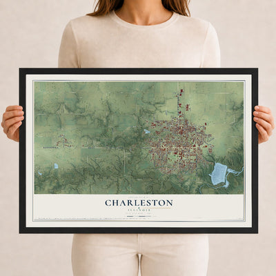 Map of Charleston, Illinois, 12 x 18 inch print in a black wood frame