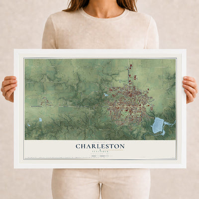 Map of Charleston, Illinois, 12 x 18 inch print in a white wood frame