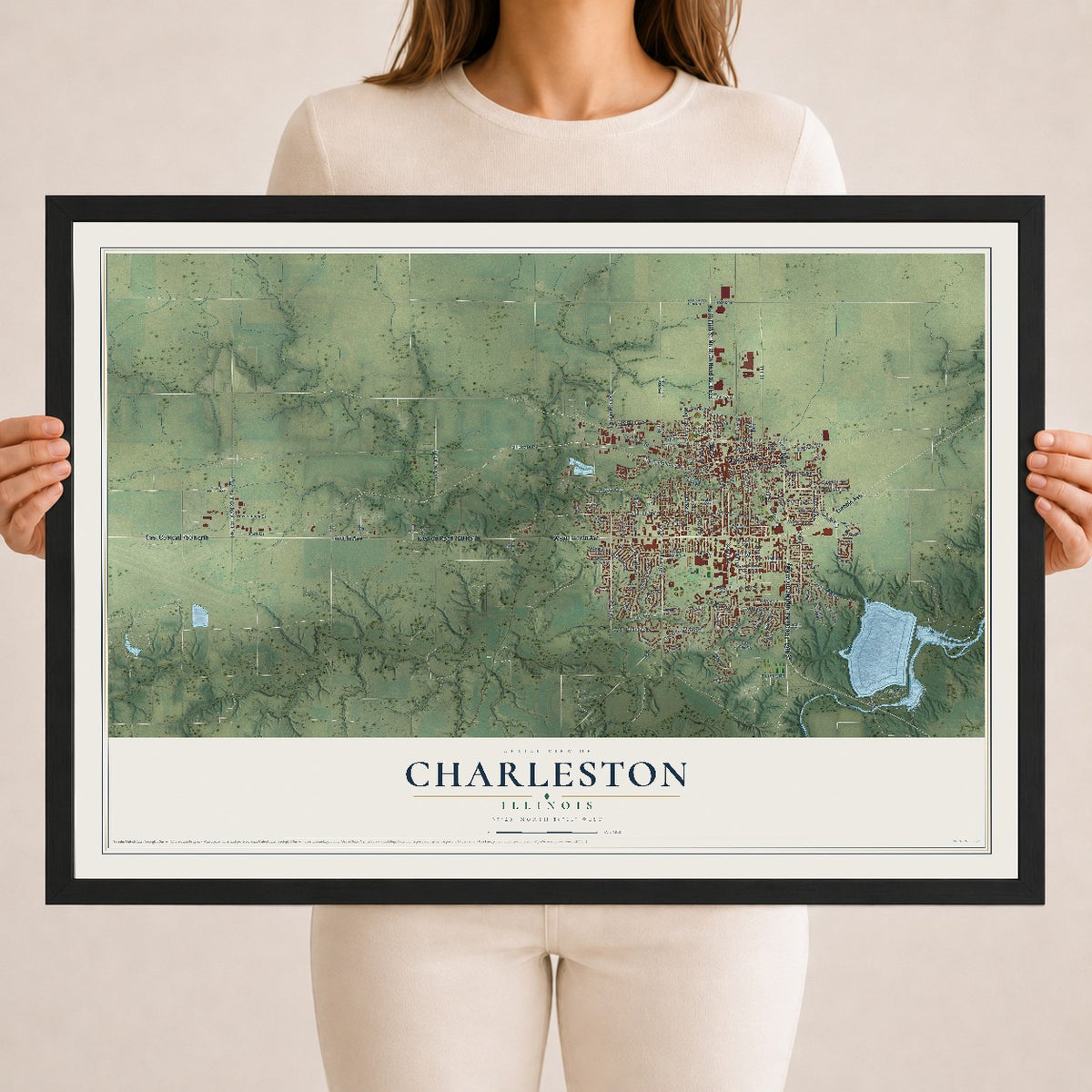 Map of Charleston, Illinois, 18 x 24 inch print in a black wood frame
