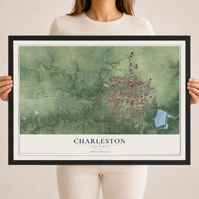 Map of Charleston, Illinois, 18 x 24 inch print in a black wood frame