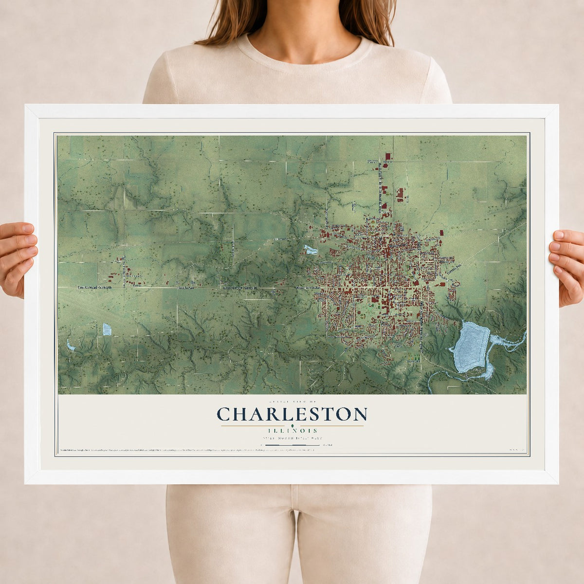 Map of Charleston, Illinois, 18 x 24 inch print in a white wood frame