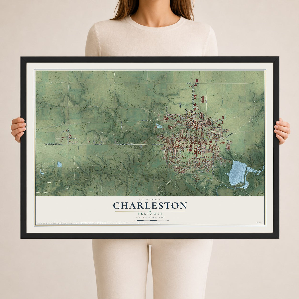 Map of Charleston, Illinois, 24 x 36 inch print in a black wood frame