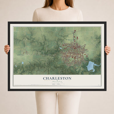 Map of Charleston, Illinois, 24 x 36 inch print in a black wood frame