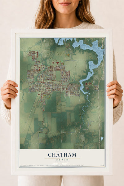 Map of Chatham, Illinois, 18 x 24 inch print in a white wood frame