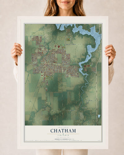 Map of Chatham, Illinois, 24 x 36 inch print in a white wood frame