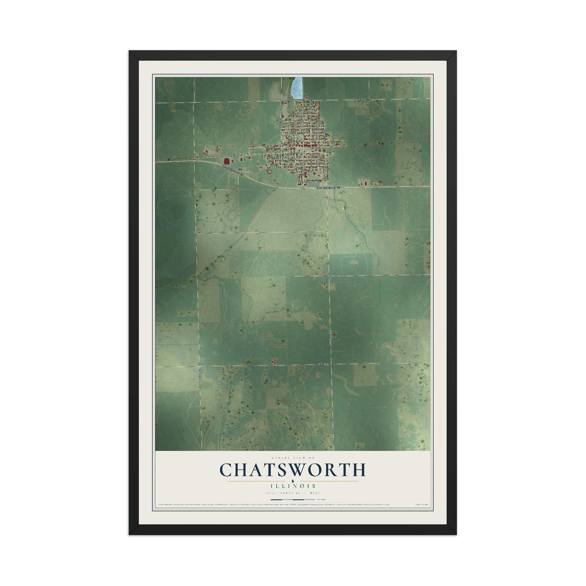 Map of Chatsworth, Illinois, 12 x 18 inch print in a black wood frame