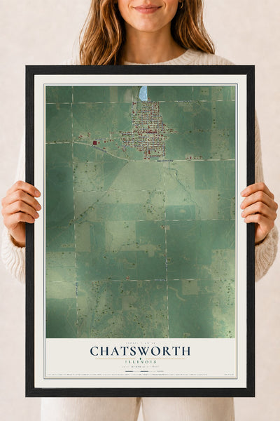 Map of Chatsworth, Illinois, 18 x 24 inch print in a black wood frame