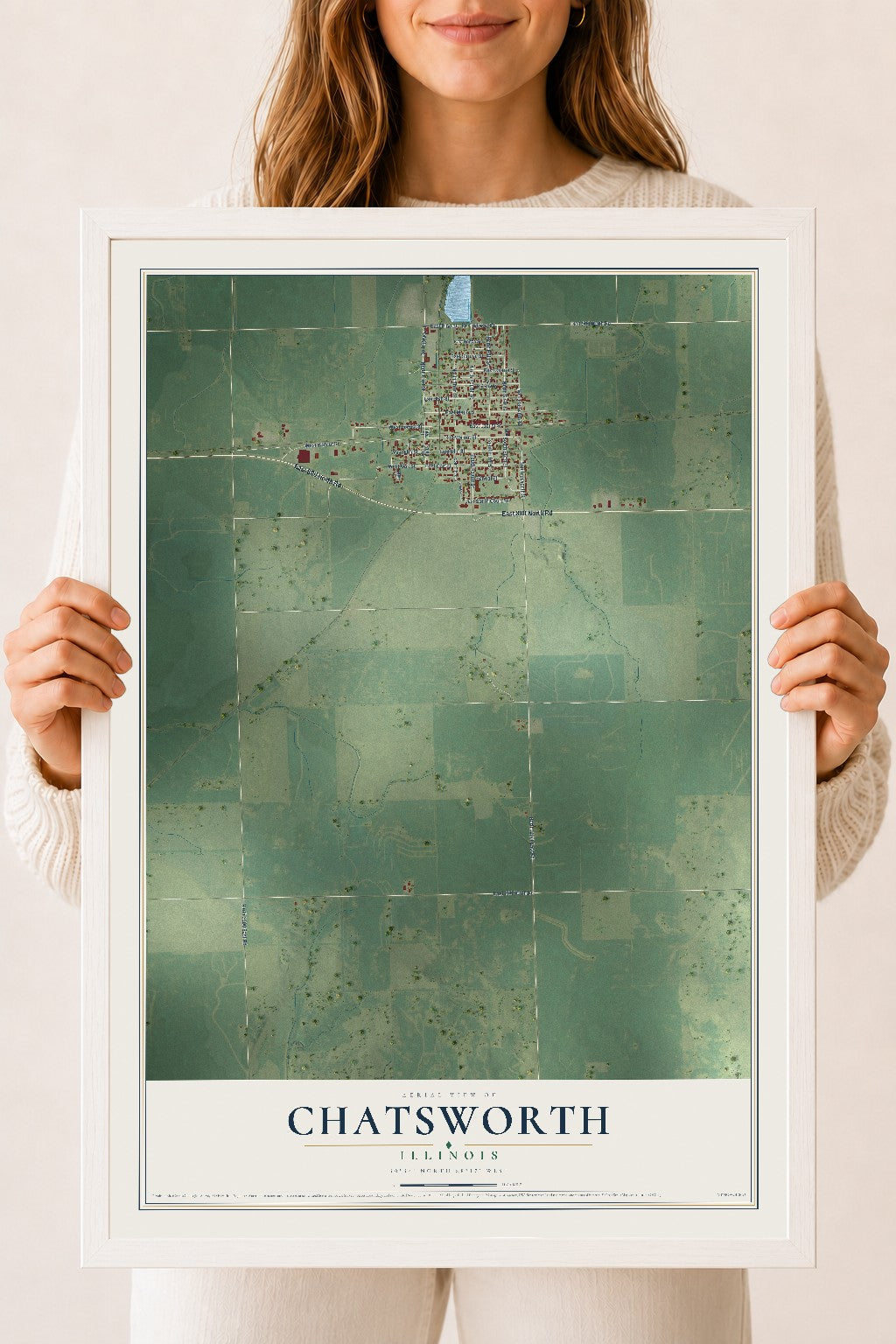 Map of Chatsworth, Illinois, 18 x 24 inch print in a white wood frame