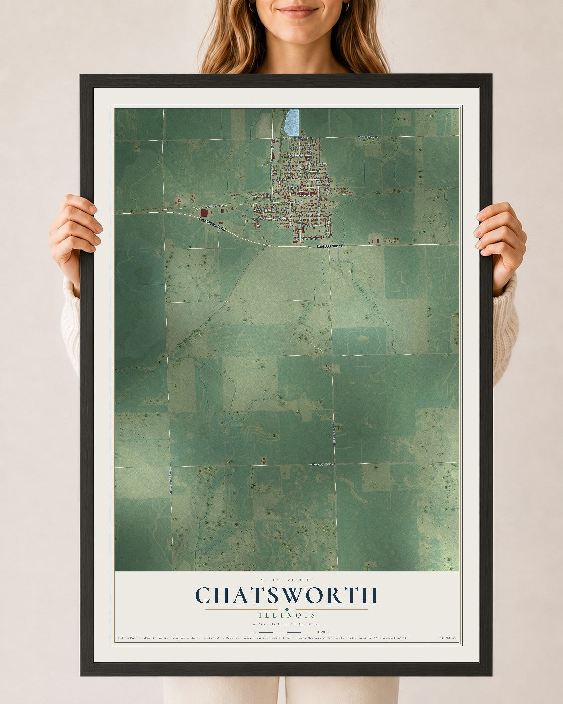 Map of Chatsworth, Illinois, 24 x 36 inch print in a black wood frame