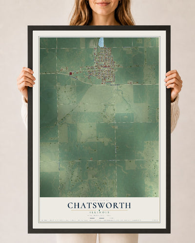 Map of Chatsworth, Illinois, 24 x 36 inch print in a black wood frame