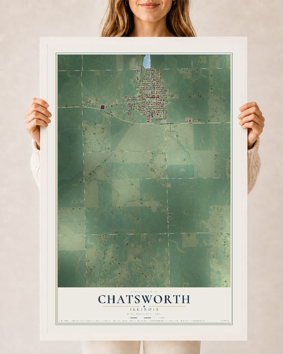 Map of Chatsworth, Illinois, 24 x 36 inch print in a white wood frame
