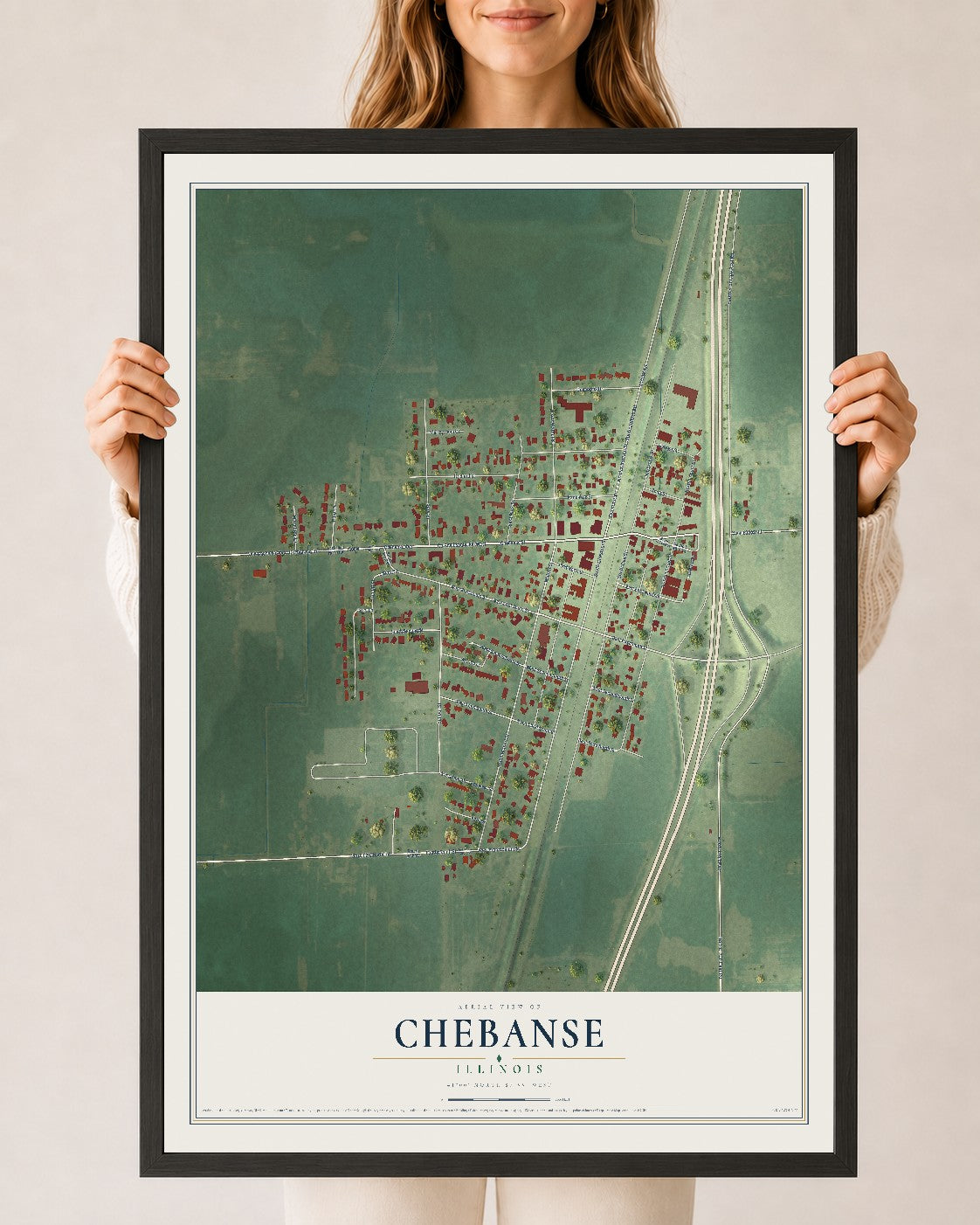 Map of Chebanse, Illinois, 24 x 36 inch print in a black wood frame