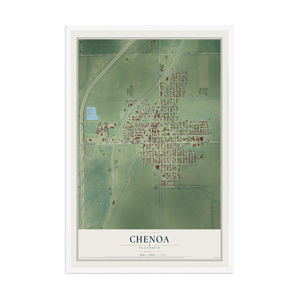 Map of Chenoa, Illinois, 12 x 18 inch print in a white wood frame