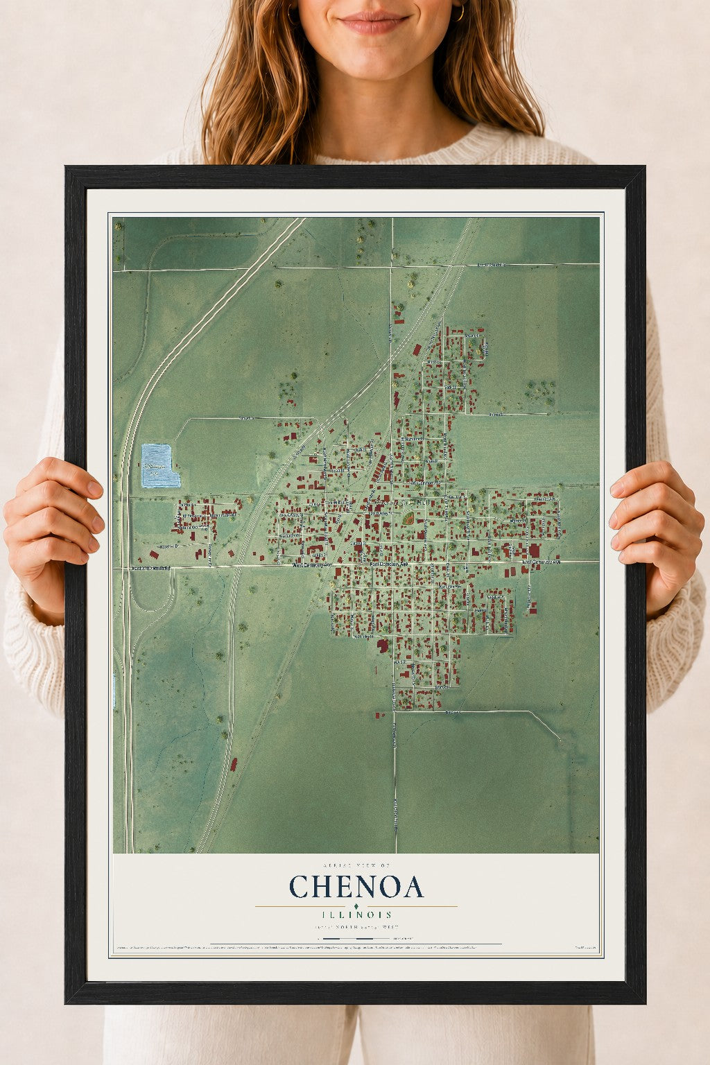Map of Chenoa, Illinois, 18 x 24 inch print in a black wood frame