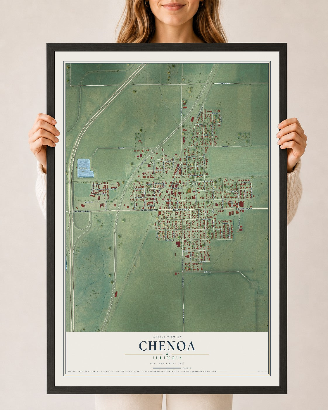 Map of Chenoa, Illinois, 24 x 36 inch print in a black wood frame