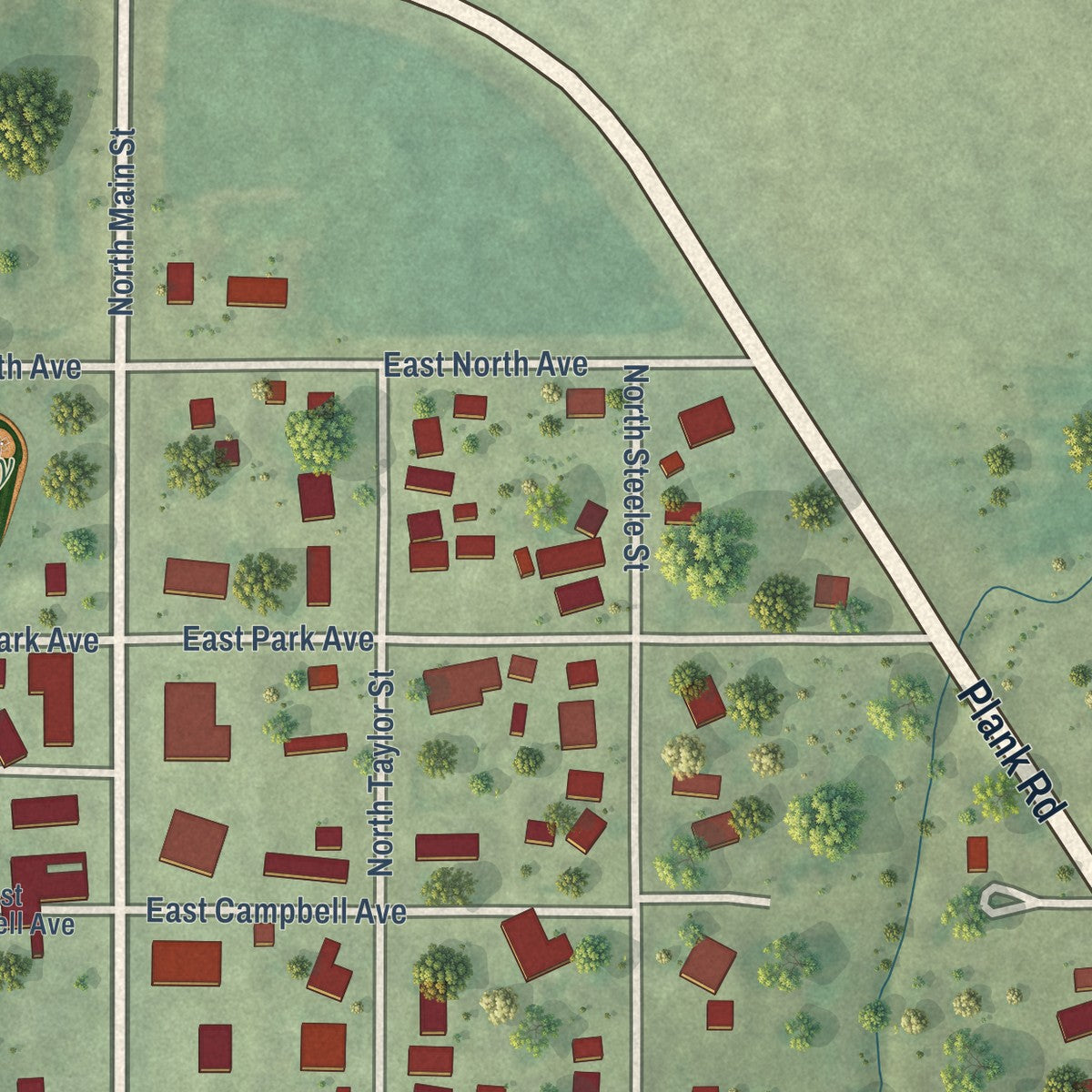 Second close-up of the map of Cherry, Illinois print showing more streets and buildings