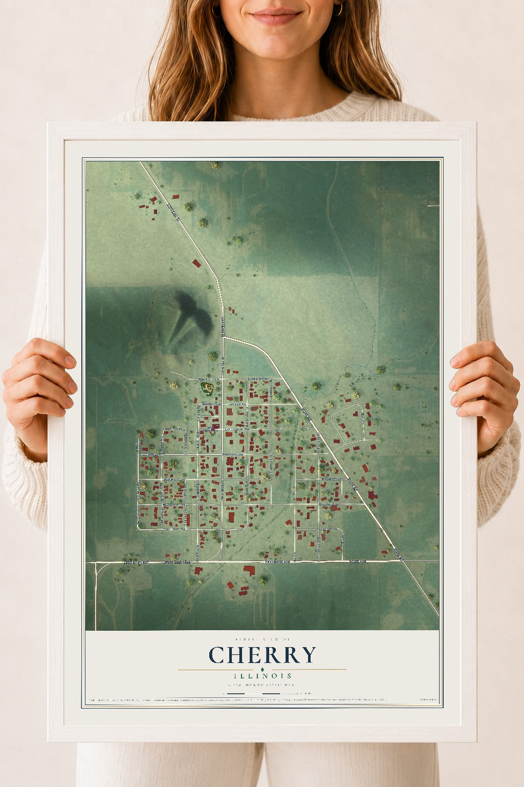 Map of Cherry, Illinois, 18 x 24 inch print in a white wood frame