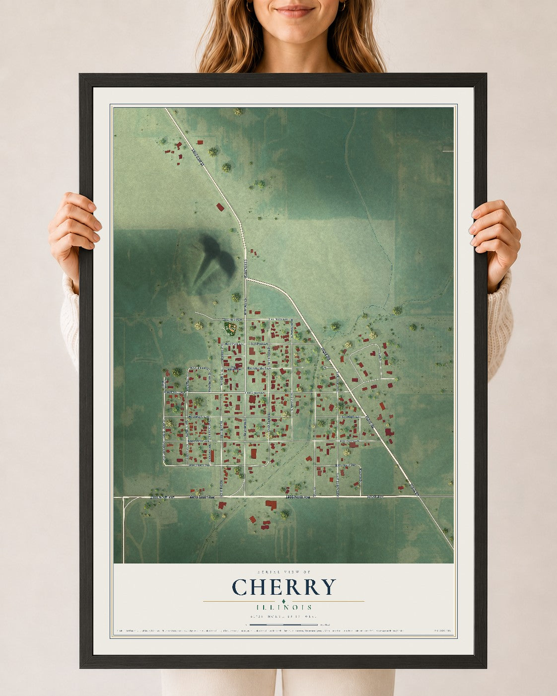 Map of Cherry, Illinois, 24 x 36 inch print in a black wood frame