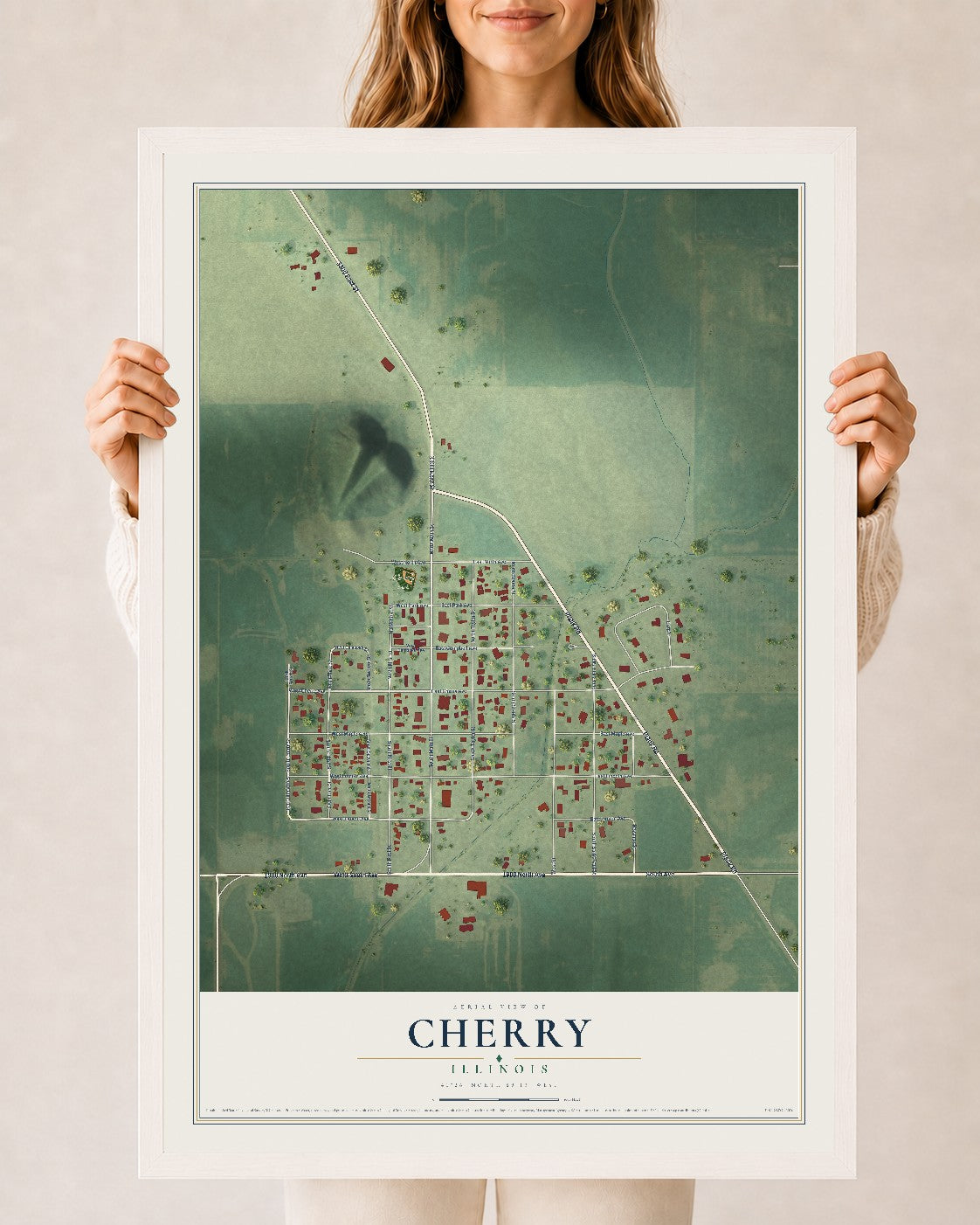 Map of Cherry, Illinois, 24 x 36 inch print in a white wood frame