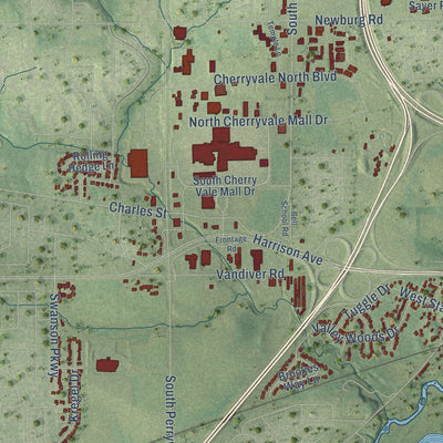 Close-up of the map of Cherry Valley, Illinois print showing street and building detail